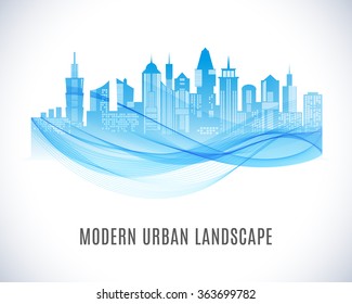 City urban design. Abstract landscape. Cityscape silhouette in blue color. Modern city design with luxurious skyscrapers. Buildings on white background with windows. Vector illustration