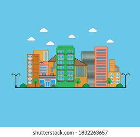 City urban design. Cityscape illustration with trees, shrubs and lanterns. Vector illustration background in geometric style. 