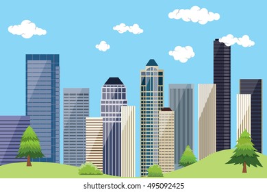 city urban landscape with building skyscrapper and blue sky and green tree