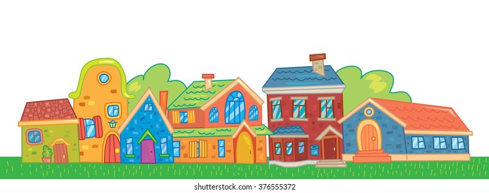City urban landscape with colorful funny houses and bushes. Happy illustration of small town or province.