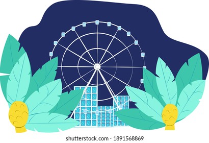 City urban national entertainment park, town background with ferris wheel view flat vector illustration, isolated on white. Concept glass concrete development amusement place building.