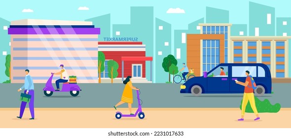 City urban road, vector illustration. Flat people charcater walk at town street, cartoon life scene at landscape background. Modern man woman day