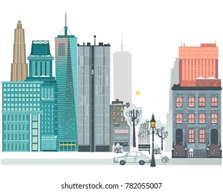 City, urban scene with buildings, car, trees, street lamp and bench in winter, flat vector illustration isolated on white background. Flat city, urban winter scene, skyscrapers, townhouse, street road