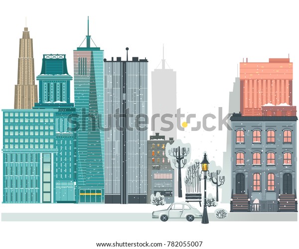 City, urban scene with buildings, car, trees, street\
lamp and bench in winter, flat vector illustration isolated on\
white background. Flat city, urban winter scene, skyscrapers,\
townhouse, street road