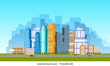 City, urban scene with low and high rise buildings, skyscrapers and road with cars, flat vector illustration. Daytime cityscape, downtown scene with road, transport and city skyline in background