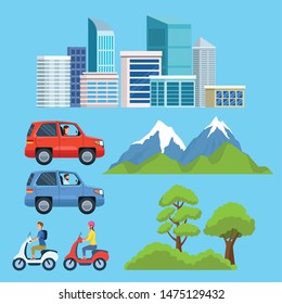 City and urban transportation set of items cartoons vector illustration graphic design.