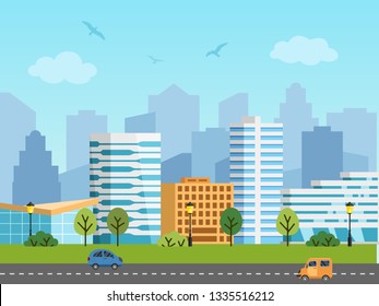 City urban vector landscape. Panorama of buildings in front of skyscrapers. Birds in the sky, cars on the road.