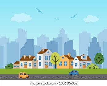 City urban vector landscape. Panorama of cottages in front of skyscrapers. Birds in the sky, cars on the road.