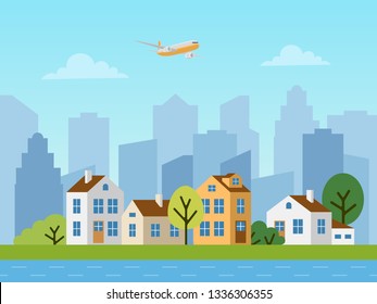 City urban vector landscape. Panorama of cottages in front of skyscrapers. Plane in the sky, blue river.