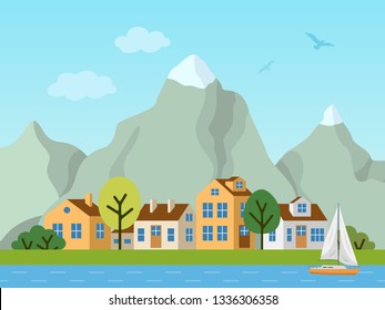 City urban vector landscape. Panorama of cottages in front of mountains. Birds in the sky, boat on the river.