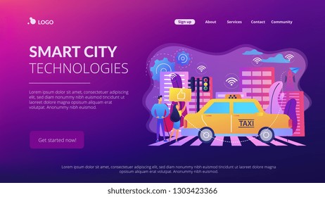 City using intelligent transportation system technologies. Intelligent transportation system, traffic management, smart city technologies concept. Website vibrant violet landing web page template.