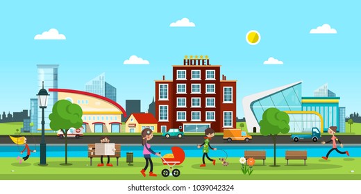 City. Vector Abstract Town with People in Park, Cars on Street, River and Comercial Buildings on Background.