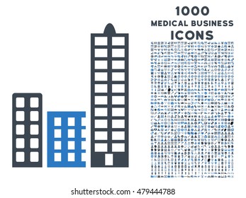 City vector bicolor icon with 1000 medical business icons. Set style is flat pictograms, smooth blue colors, white background.