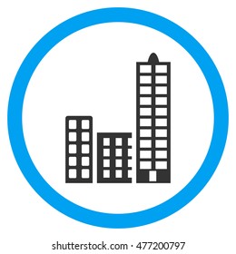 City vector bicolor rounded icon. Image style is a flat icon symbol inside a circle, blue and gray colors, white background.