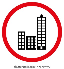 City vector bicolor rounded icon. Image style is a flat icon symbol inside a circle, intensive red and black colors, white background.