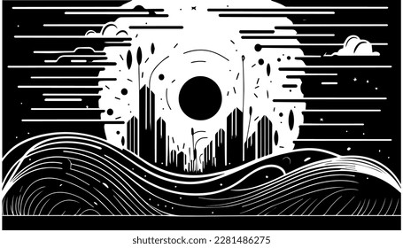 City vector black line illustration isolated white. Sketch art