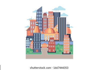 City vector geometric flat style illustration. City street or block. Colorful pattern of town with river, buildings, roads and skyscrapers. Vector illustration isolated on white background.