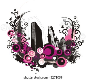 City vector grunge background with floral and ornate elements. Check my portfolio for much more of this series as well as thousands of similar and other great vector items.