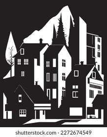 city, vector icon, background, black and white, silhouette, grayscale city with building icon, vector illustration design, Set of vector city silhouette and elements for design. Isolated on pixelated 