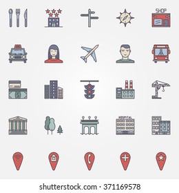 City vector icons - colorful symbols of buildings, transport and other town sign
