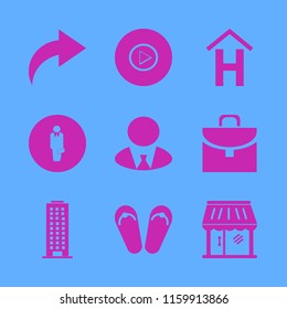 city vector icons set. with beach sneakers, hotel sign, right arrow and businessman in set