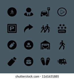 city vector icons set. with flash driver, hotel five stars, businessman and pedestrian people in set