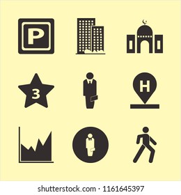 city vector icons set. with mosque, hotel location, office building and pedestrian in set