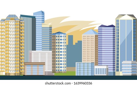 City. Vector illustration. Beautiful panorama of the town.  High-rise buildings, skyscrapers, office buildings. Central borough. Morning urban landscape. Background image.