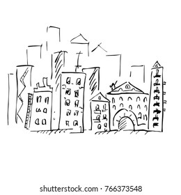 City. Vector illustration. Doodle art. Freehand outline ink hand drawn picture object sketch.