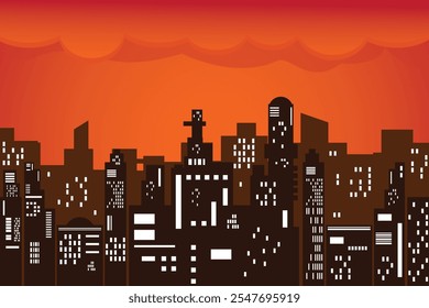 City vector illustration, sunset view in city with rows of aesthetic lights