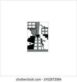 ilustración de vector de ciudad en gradación de blanco a negro con silueta de ladys