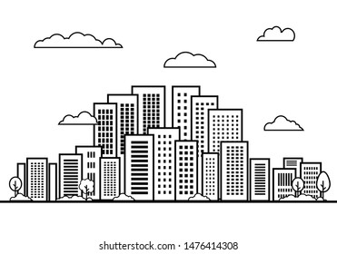 City vector on white background, line building landscape design elements set, Black graphic cityscape illustration, Flat graphic tree and cloud in town