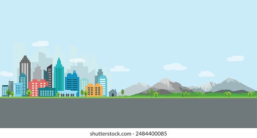 city vector with road, buliding and mountain