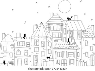 
city ​​building vector. Small town. Cute houses drawn by hand. Black cats walk on the roofs. Night, big moon and stars