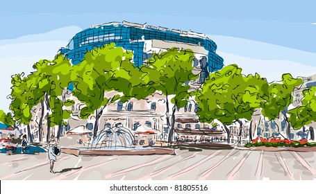 city vector watercolour landscape