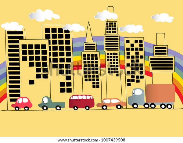 City Vehicle Concept, the cute vector of eco car,\
truck, van, car and container truck on the road in the city,\
background are buildings and beautiful rainbow. doodle art vintage\
retro style.