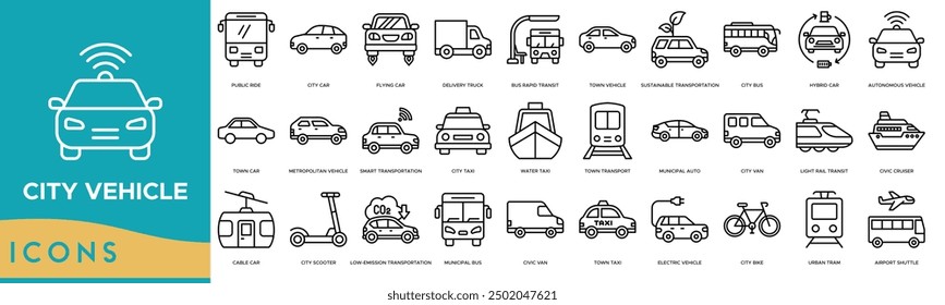 City Vehicle icon. Public Ride, City Car, Flying Car, Delivery Truck and Bus Rapid Transit