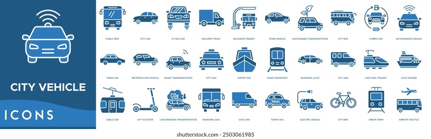 Icono del vehículo de la ciudad. Paseo público, coche de la ciudad, coche volador, camión de entrega y autobús de tránsito rápido