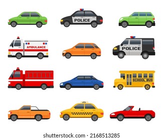 City vehicle. Urban transportation. Cars side view. Police automobile. School bus. Delivery transport. Cabriolet or sedan. Engine firefighter. Wheel machines set. Vector illustration icons