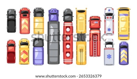 City vehicles top view set with truck, cargo lorry, fire engine, ambulance, fuel tanker, bus
