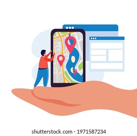 City video monitoring flat composition with hand holding smartphone with location signs and small human character vector illustration