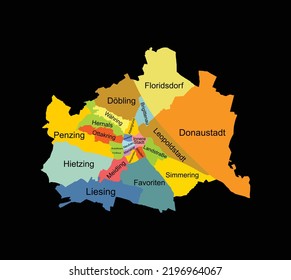 City Vienna map vector silhouette illustration isolated on black background. High detailed. Capital town in Austria administrative division borders. Central Europe culture center.