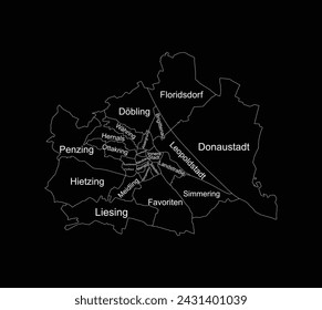 City Vienna map vector silhouette illustration isolated on black background. High detailed. Capital town in Austria administrative division borders. Central Europe culture center.