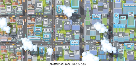 City view from above. 
Streets, houses, buildings, roads, crossroads, trees, cars. (top view)