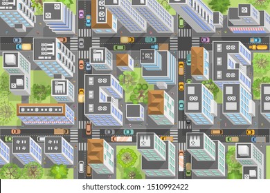 City view from above. 
Streets, houses, buildings, roads, crossroads, trees, cars. (top view)