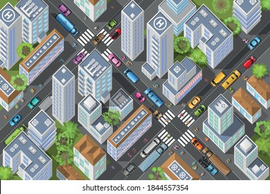 City view from above. 
Streets, houses, buildings, roads, crossroads, trees, cars. (top view)