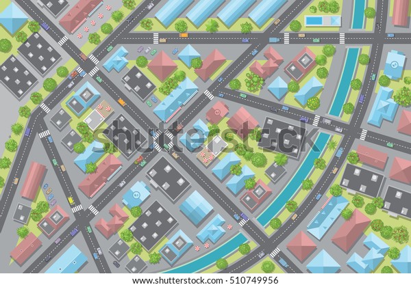 City view from above. \
Streets,\
houses, buildings, roads, crossroads, trees, cars. (top\
view)