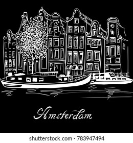 City view of Amsterdam canal, typical dutch houses and boats, Holland, Netherlands. White on black