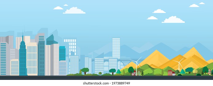 City view with bridge. Modern metropolis with mountains. Vector poster.	