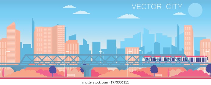 City view with bridge and train. Evening city. Vector poster.